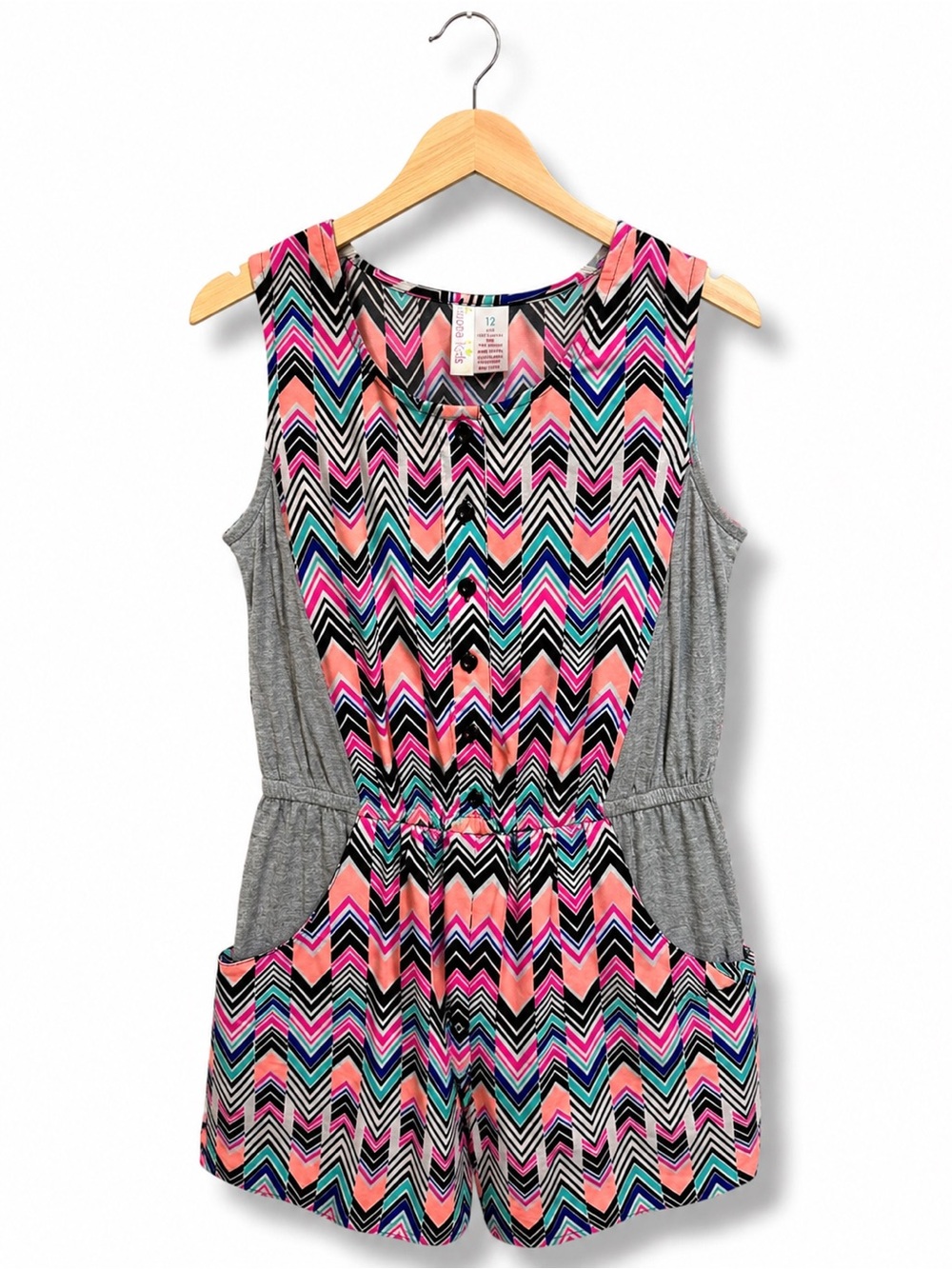 Japna Kids Girls Size 12 Chevron Romper Multicolor Gray Pockets Sleeveless